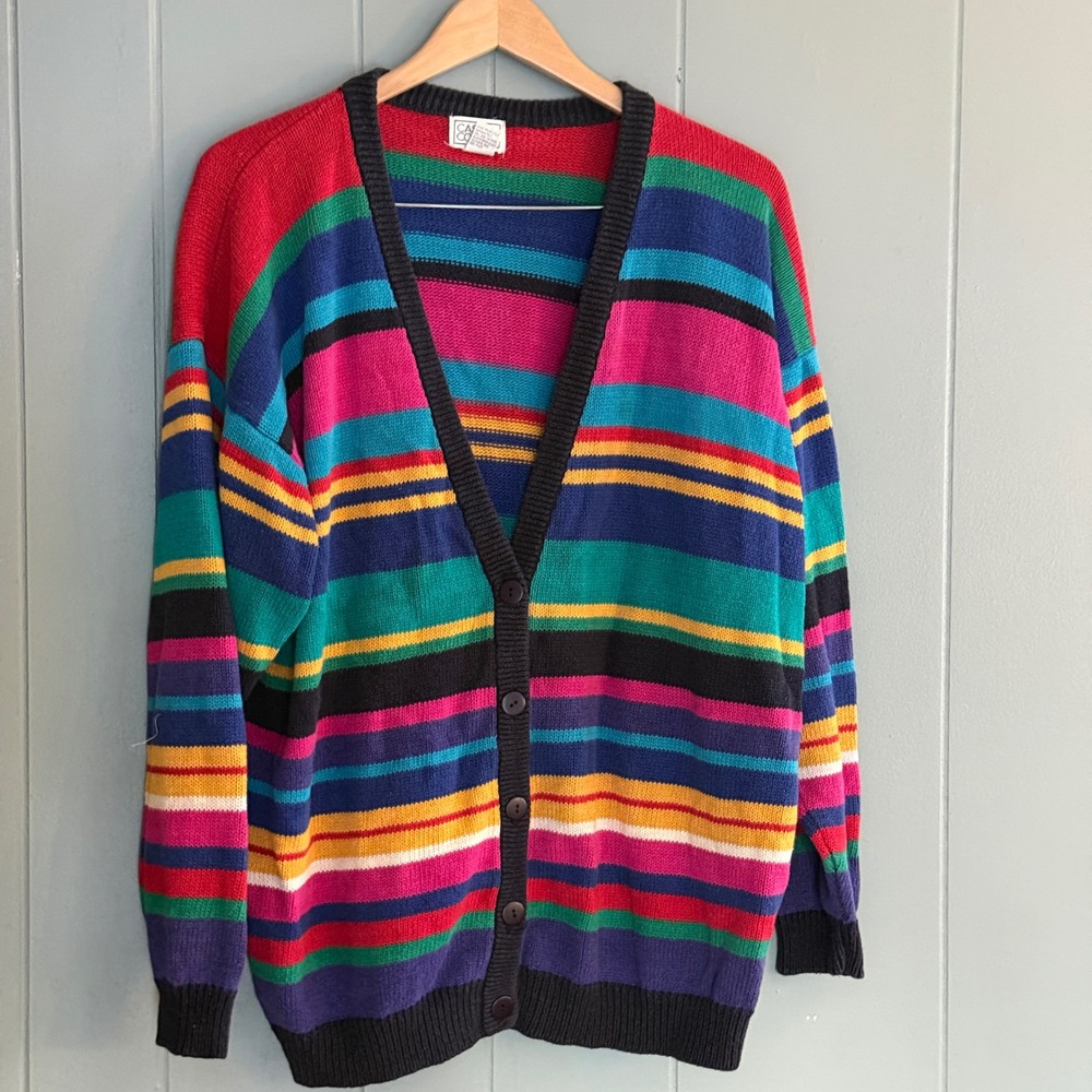 Vtg Rainbow Stripe Cardigan Sweater L Bold Colorful 80s 90s Retro Slouchy Knit